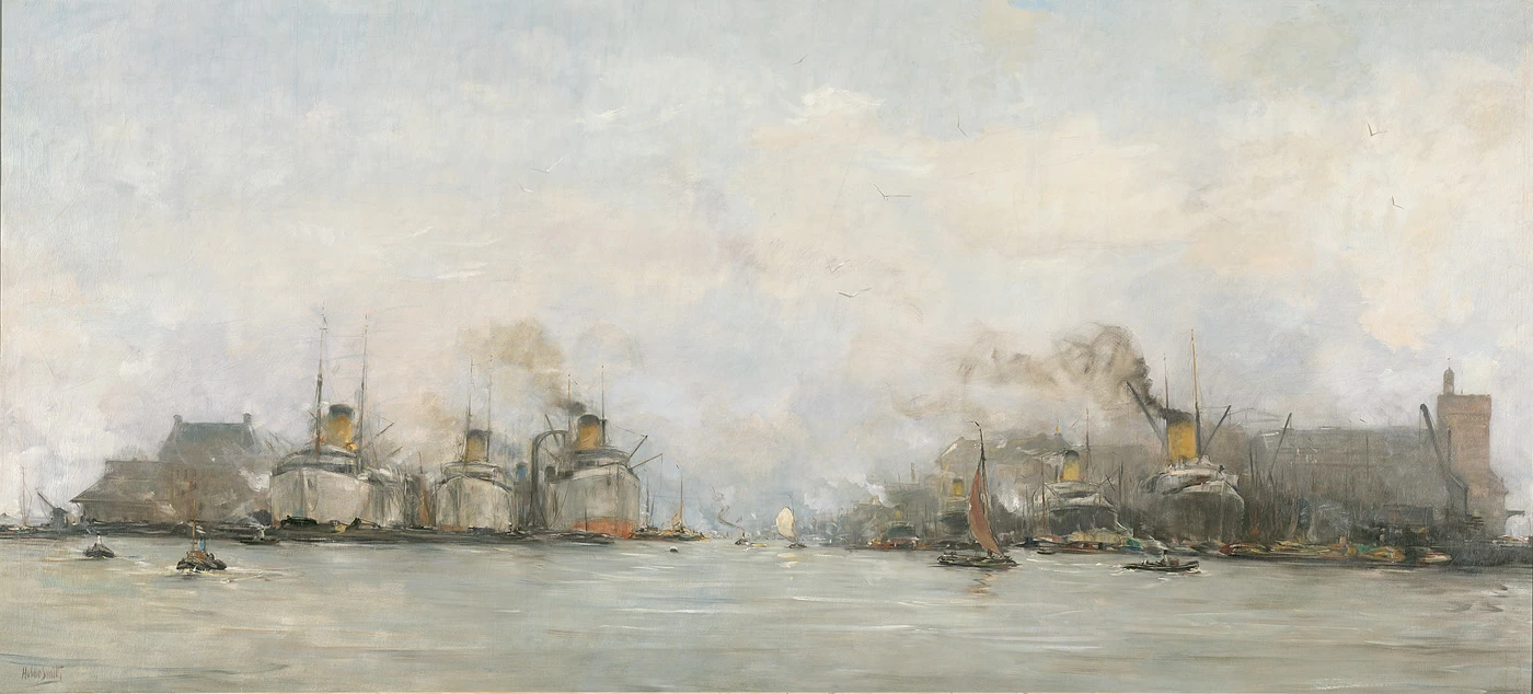 Vista dell'IJhaven a est, con le navi della Dutch Steamship Company a capo dell'isola IJ
